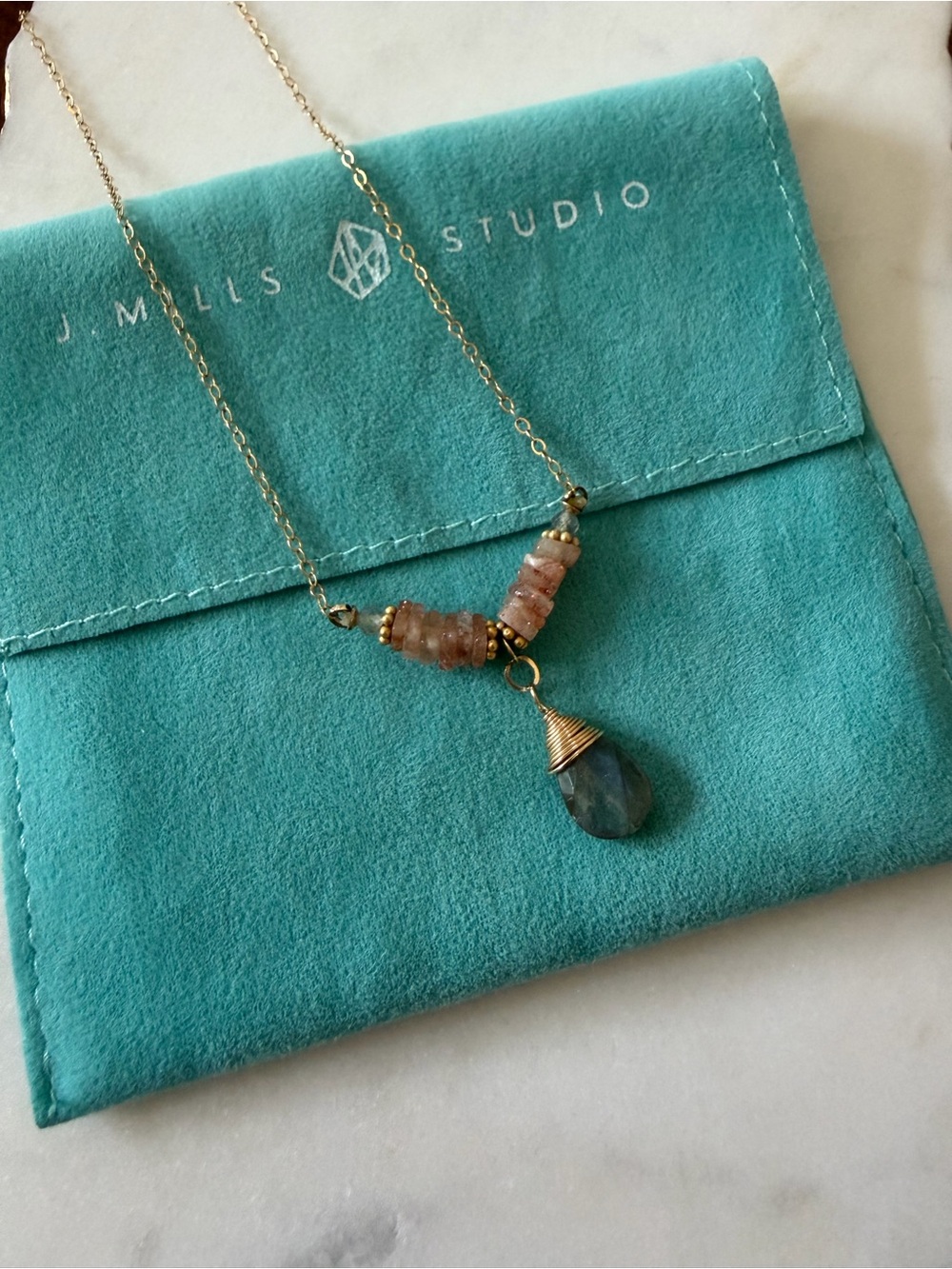 J. Mills Studio Gold Necklace with Cherry Blossom Agate and Labradorite Teardrop